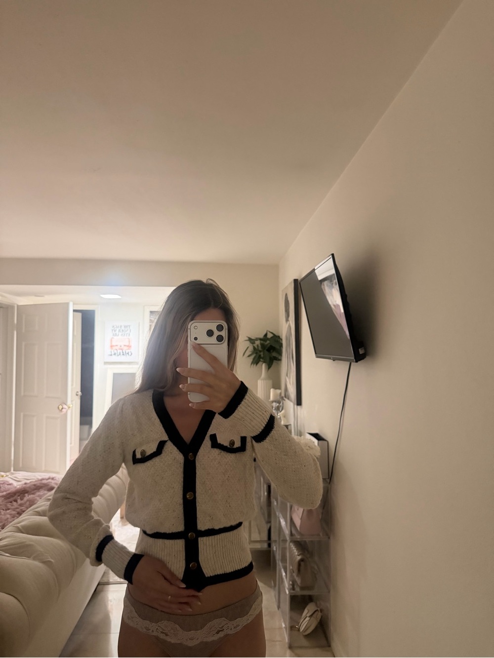Cream and Black Trim Cropped Button-Front Sweater Cardigan